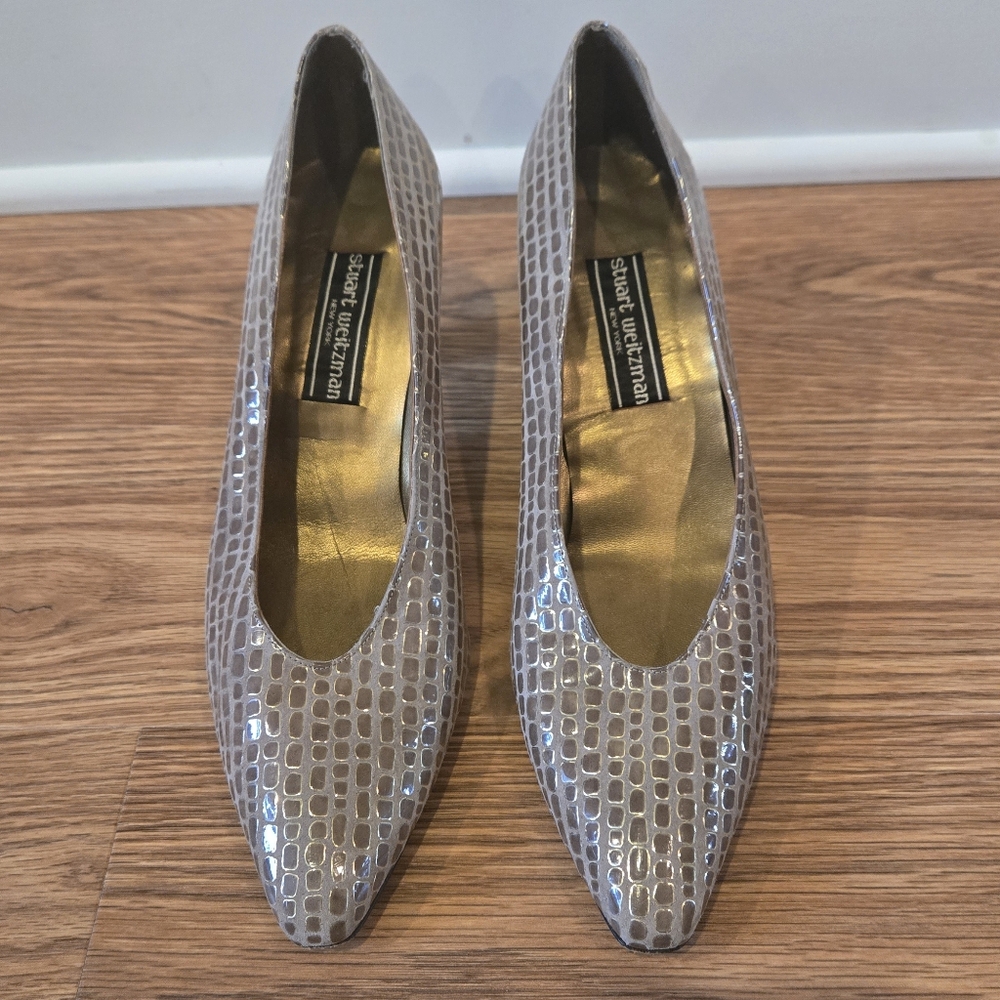 Stuart Weitzman Brown Gold Block Heel Shoes Pumps with Pebble Texture - Picture 3 of 7